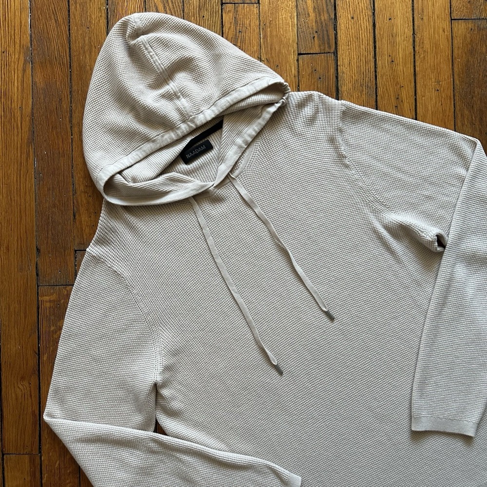 NAADAM Cotton Cashmere Thermal Knit Hoodie Sweatshirt Cream Women XL Waffle - Picture 2 of 8